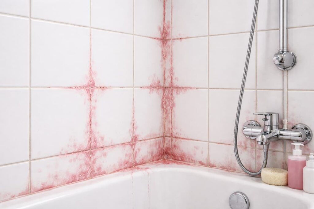 White tiled bathroom shower corner with visible pink mold growing along the grout lines and tile edges, illustrating a common cleaning problem related to how to get rid of pink mold in the shower. Image is AI generated